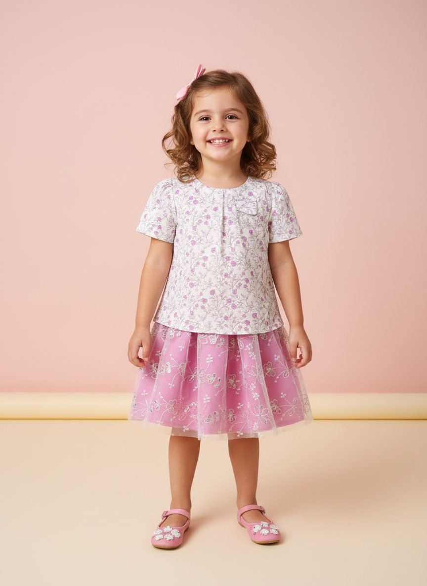 Girls' Enchanted Floral Tulle Skirt & Printed Blouse 2-Piece Set