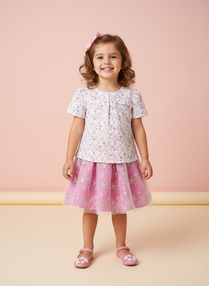 Girls' Enchanted Floral Tulle Skirt & Printed Blouse 2-Piece Set