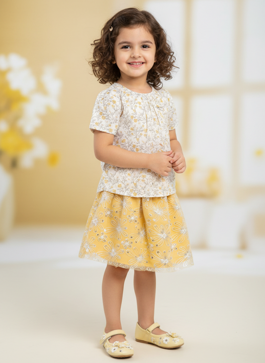 Girls' Enchanted Floral Tulle Skirt & Printed Blouse 2-Piece Set
