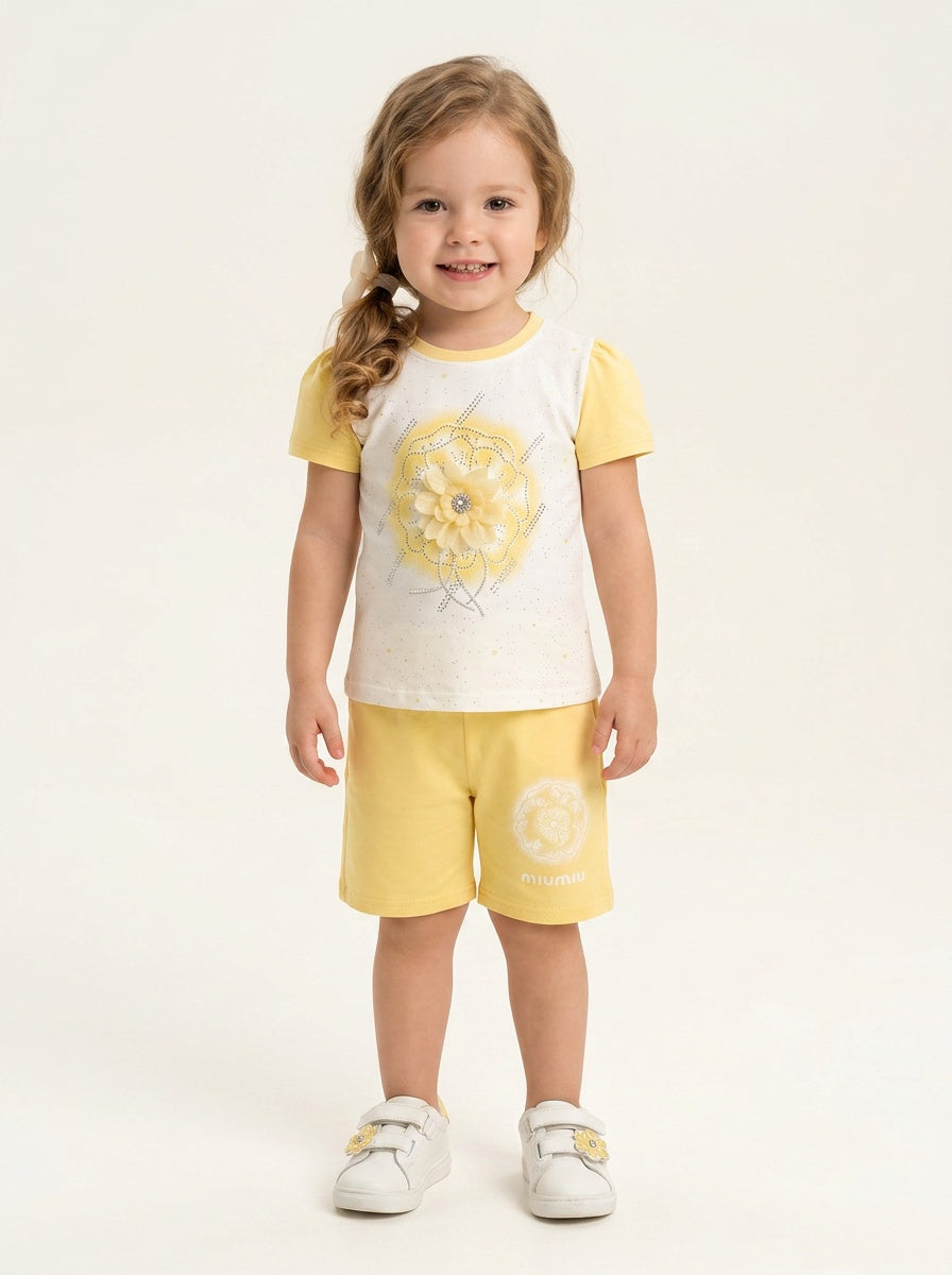 Girls' Azure Bloom 2-Piece Set: Textured Lace Top & Ruffle-Hem Trousers