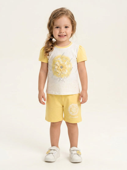 Girls' Azure Bloom 2-Piece Set: Textured Lace Top & Ruffle-Hem Trousers