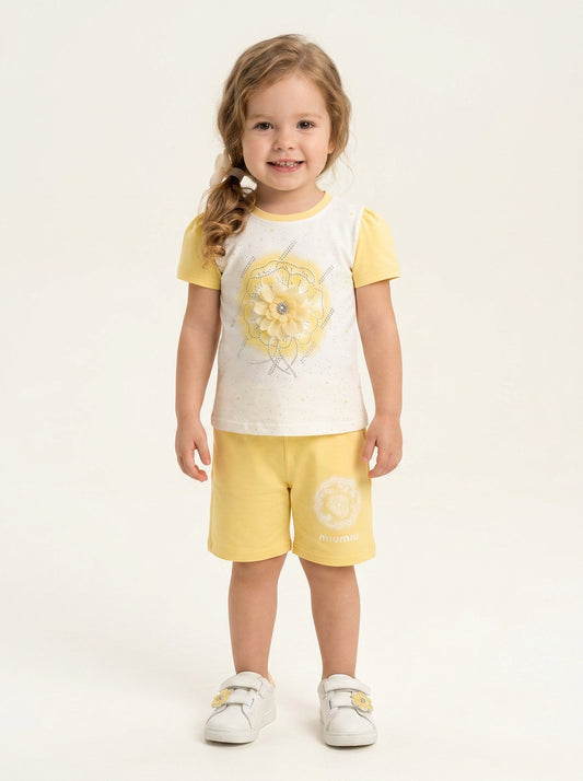 Girls' Azure Bloom 2-Piece Set: Textured Lace Top & Ruffle-Hem Trousers