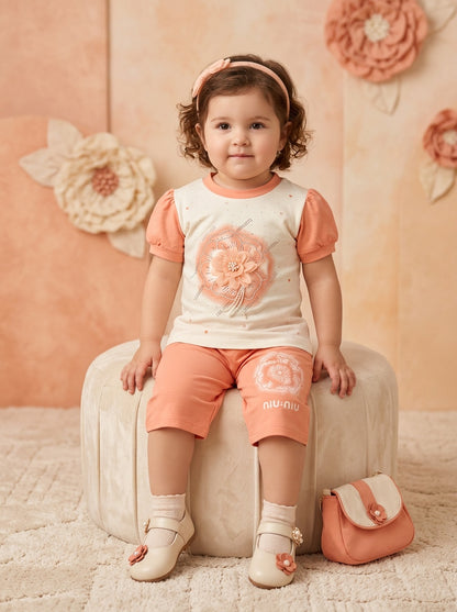 Girls' Azure Bloom 2-Piece Set: Textured Lace Top & Ruffle-Hem Trousers