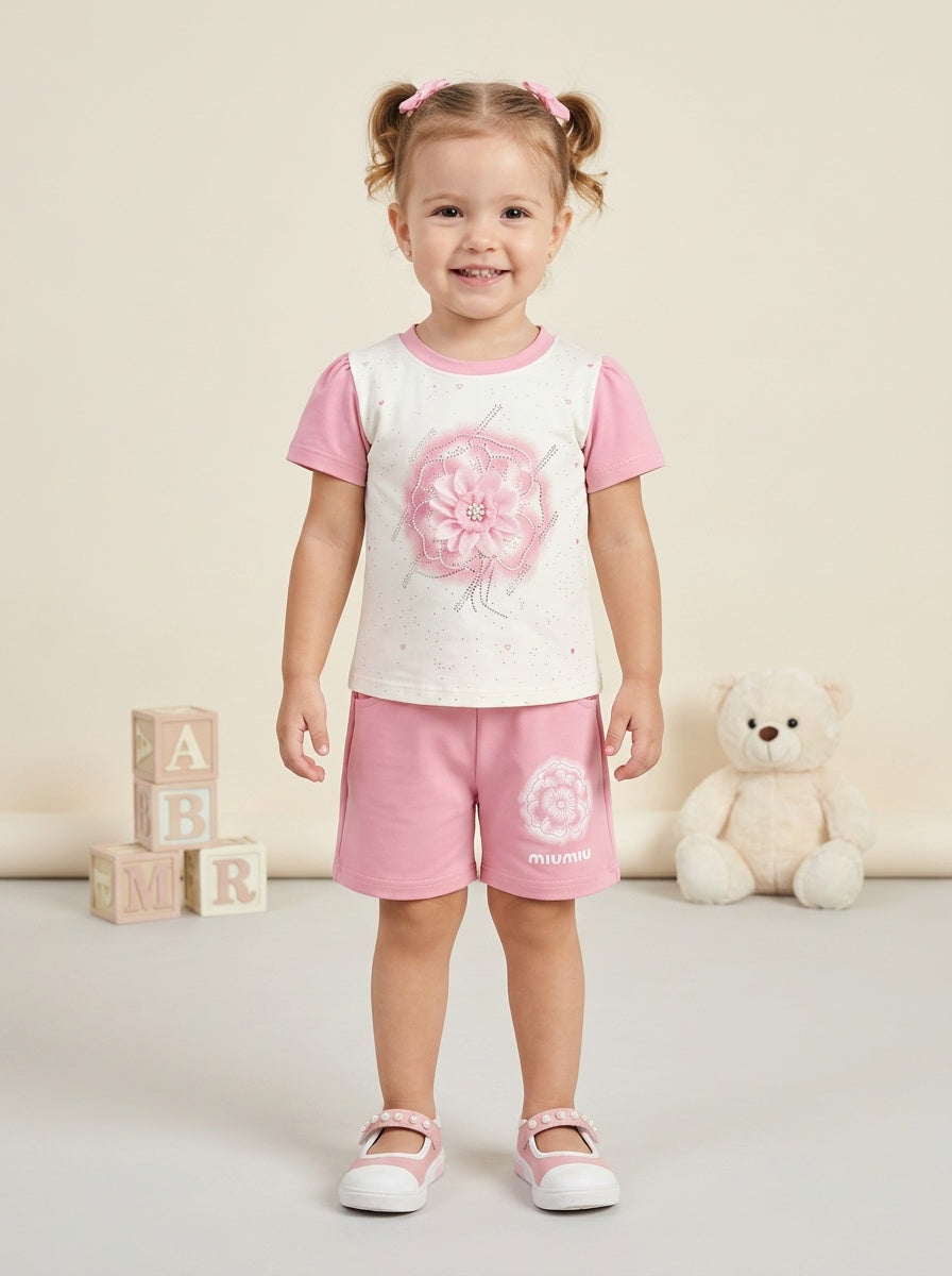 Girls' Azure Bloom 2-Piece Set: Textured Lace Top & Ruffle-Hem Trousers