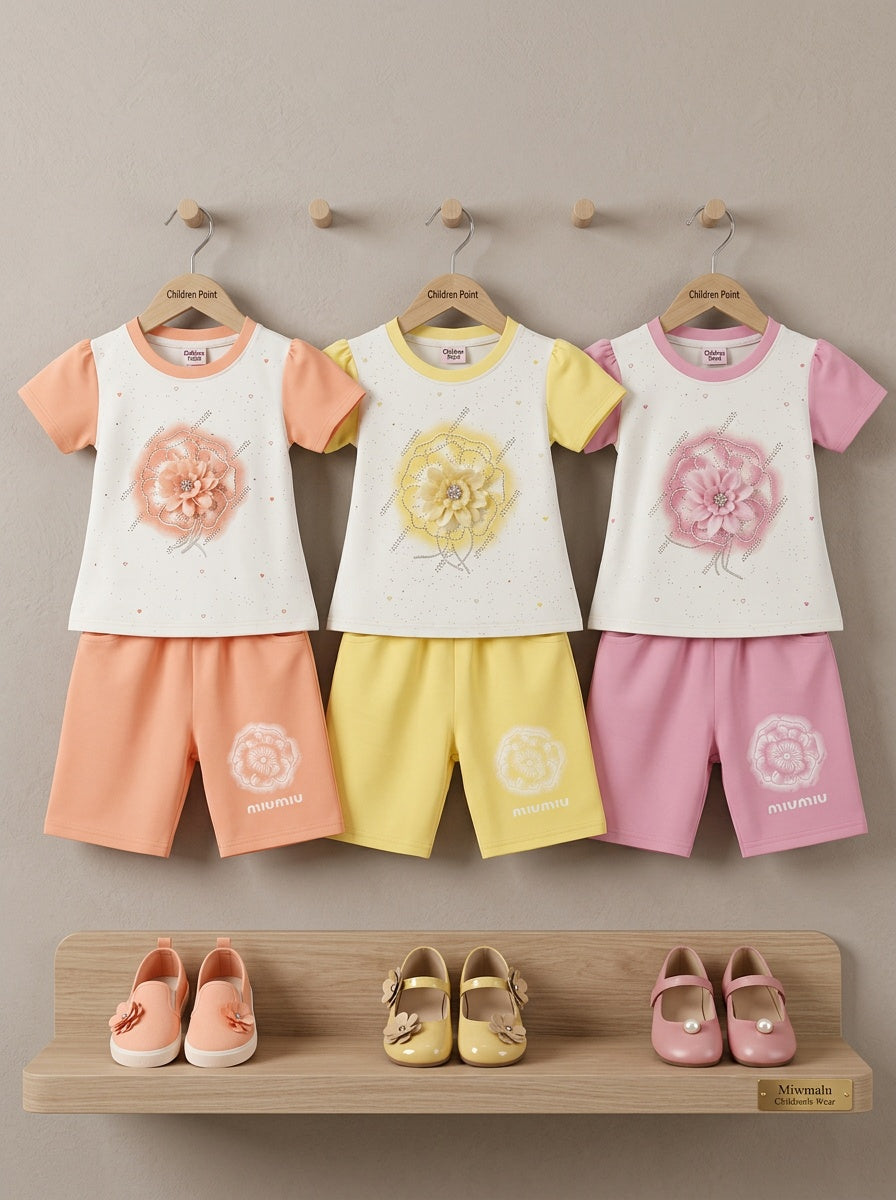 Girls' Azure Bloom 2-Piece Set: Textured Lace Top & Ruffle-Hem Trousers