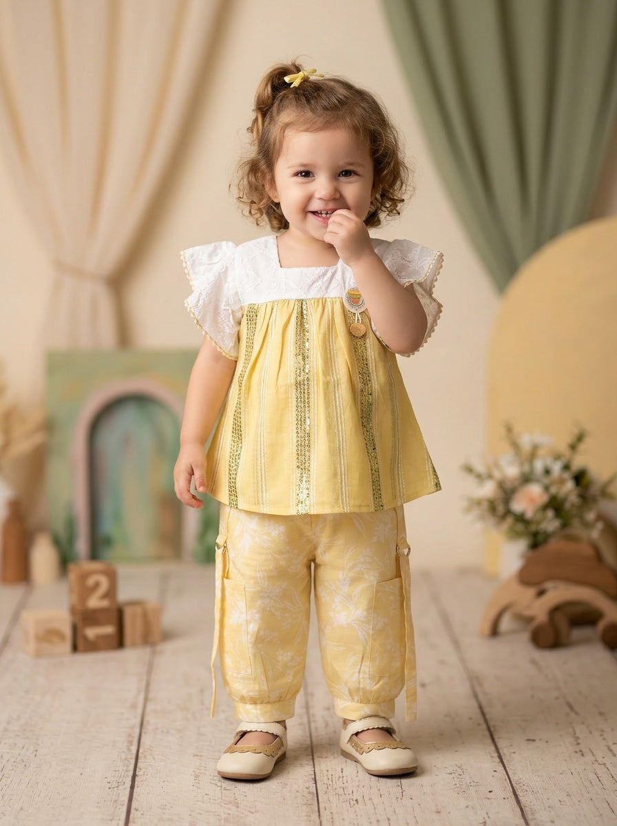 Girls' Meadow Charm 2-Piece Set: Lace Flutter Top & Floral Trousers
